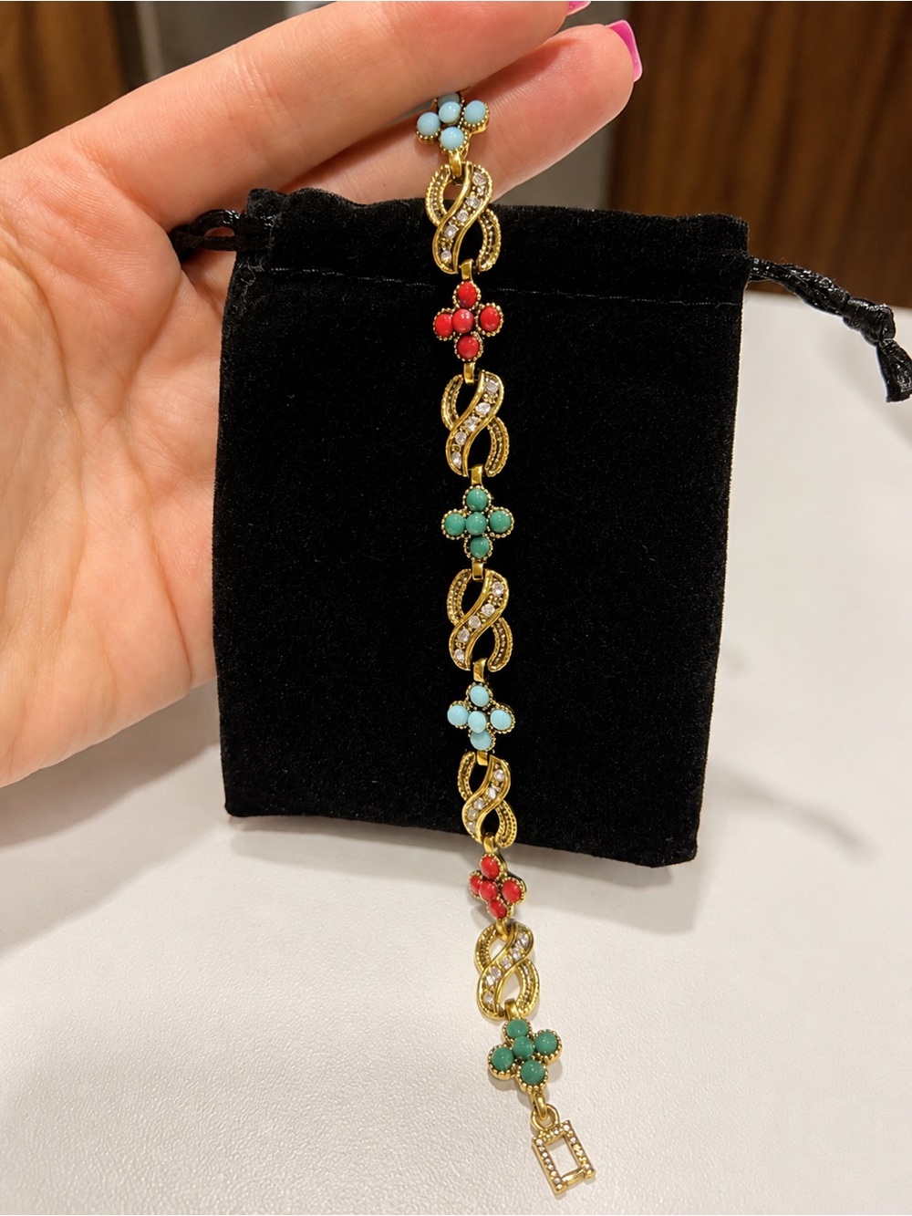 Gold-Tones Floral Link Bracelet with Red, Turquoise, and Light Blue Accents
